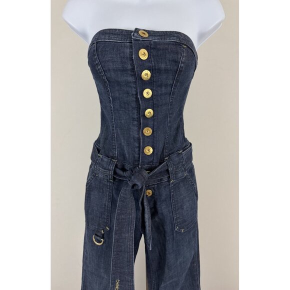 BEBE Strapless Denim Jumpsuit Snap Front Tie Belt Detail Bell Bottom Retro Sz 24 - Picture 2 of 5
